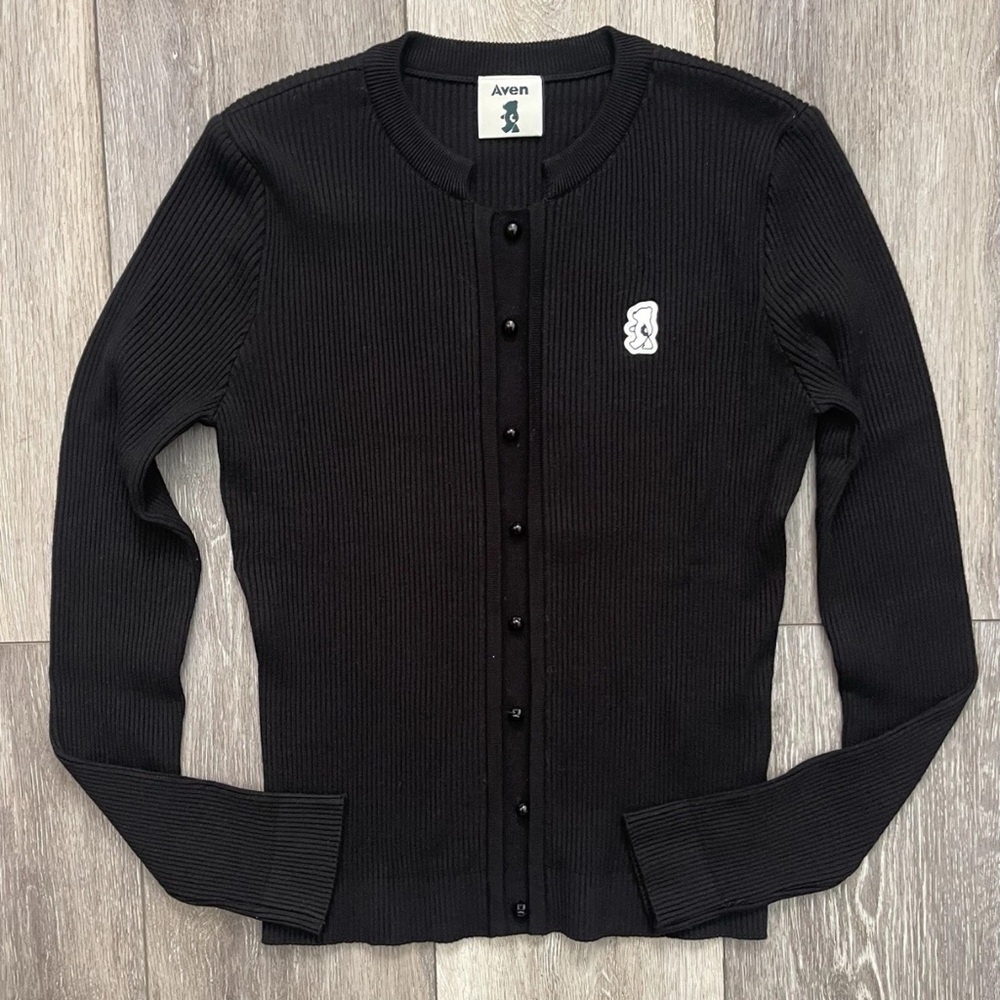 EUC $196 Aven Black Button Round Neck Ribbed Knit Long Sleeve Top Size 1 SMALL